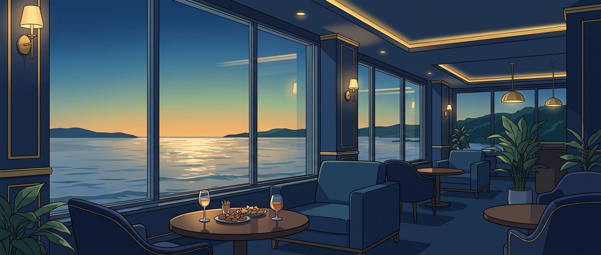 夕方の海を望むホテルのラウンジのイラスト