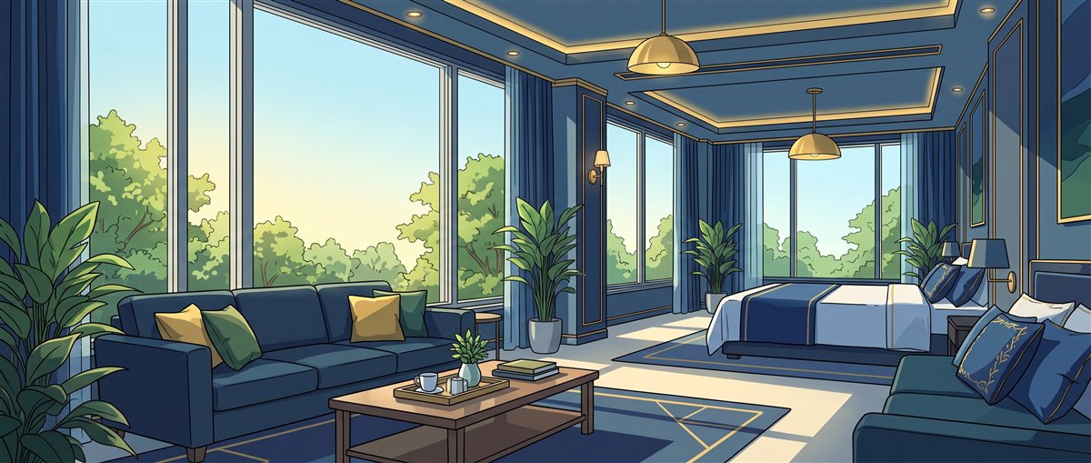 朝の光が差し込む広いスイートルームのイラスト